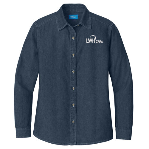 LWH White Logo Embordered on a Port & Company® - Women's Long Sleeve Value Denim Shirt Thumbnail