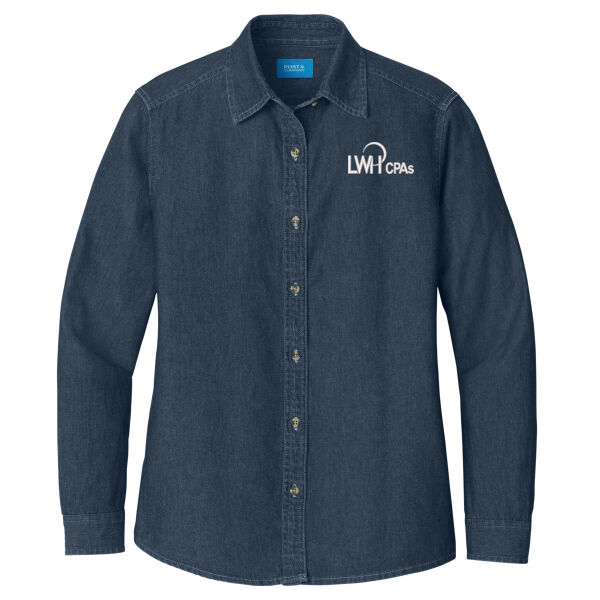 LWH White Logo Embordered on a Port & Company® - Women's Long Sleeve Value Denim Shirt Thumbnail