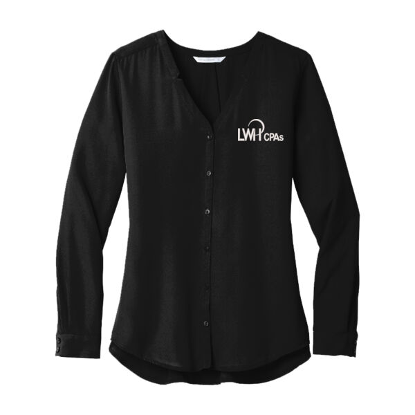 LWH White Logo Embordered on a Port Authority ® - Women's Long Sleeve Button Front Blouse Thumbnail